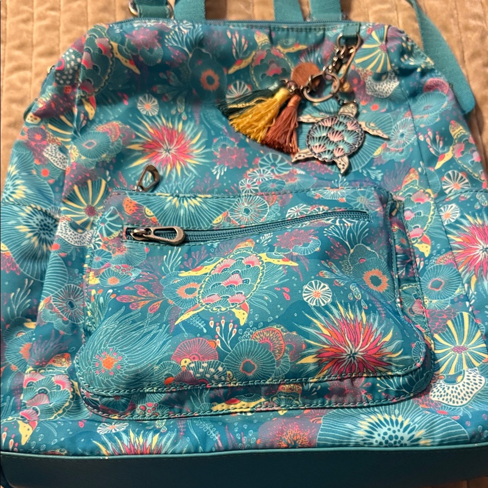 Sakroots Teal Floral Backpack with Turtle Charm